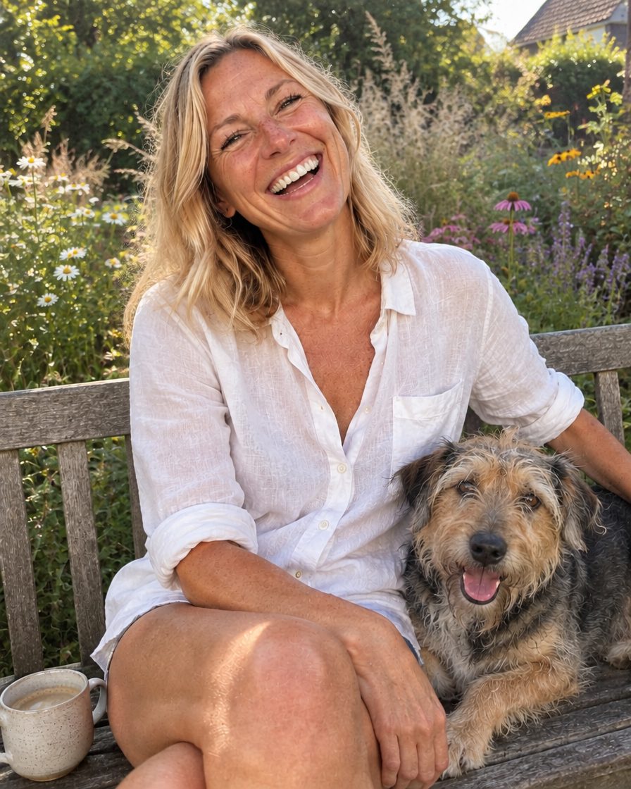 Lena sitzt mit Hund Fritz auf einer Gartenbank und lacht in die Kamera